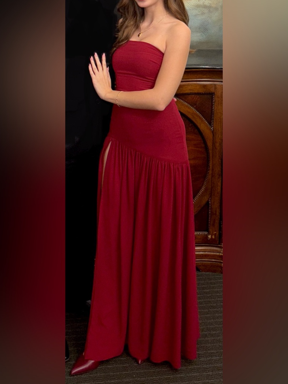 Burgundy Merlot Drop-waist Strapless Maxi Dress - Picture 3 of 5